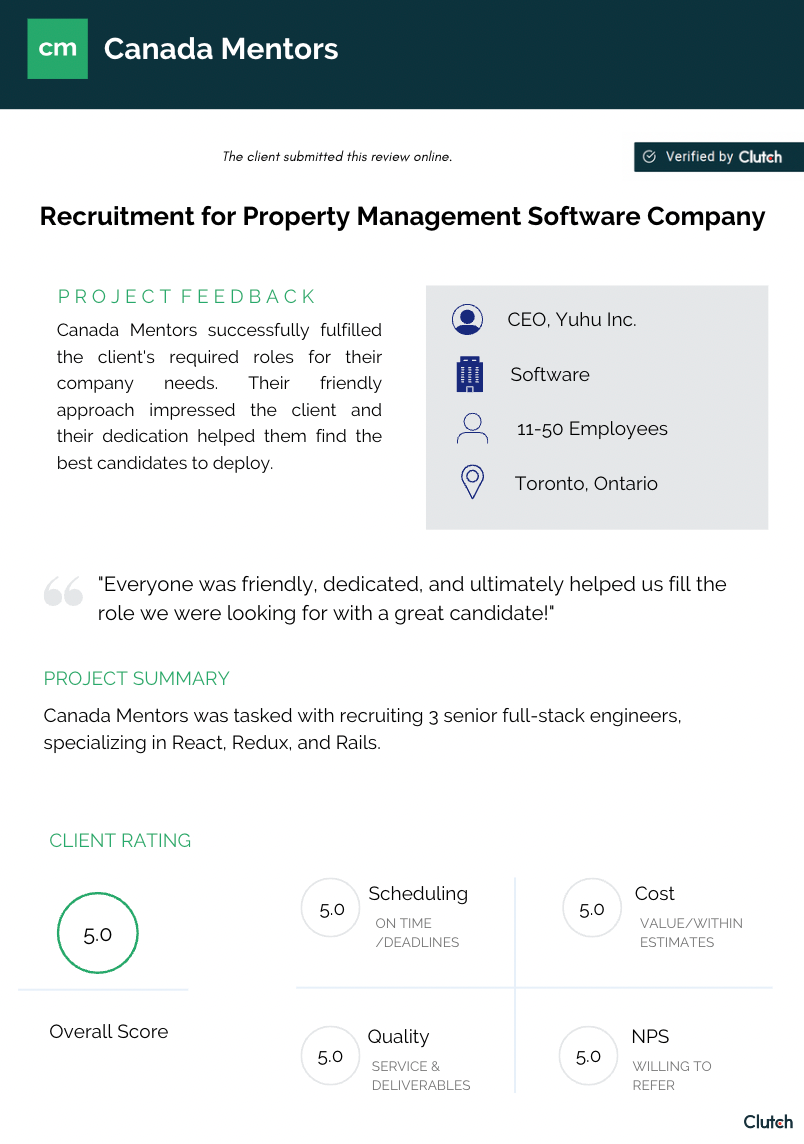 Clutch-verified review of Canada Mentors by Yuhu: Recruitment for Property Management Software Company, page 1 of 2
